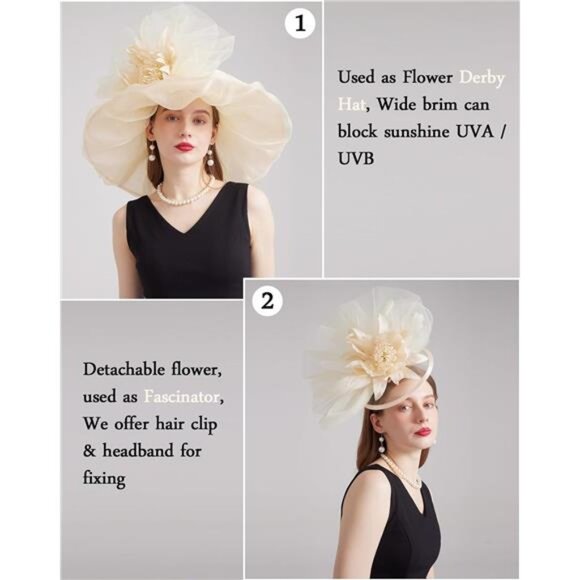 Women Organza Church Tea Party Hats Floral Beige main image 3